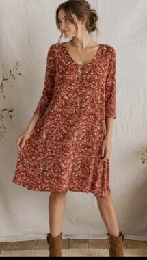 Garnet Hill Medium TENCIL Lyocel Swing Dress Rust Pink Botanical Floral 3/4 slv